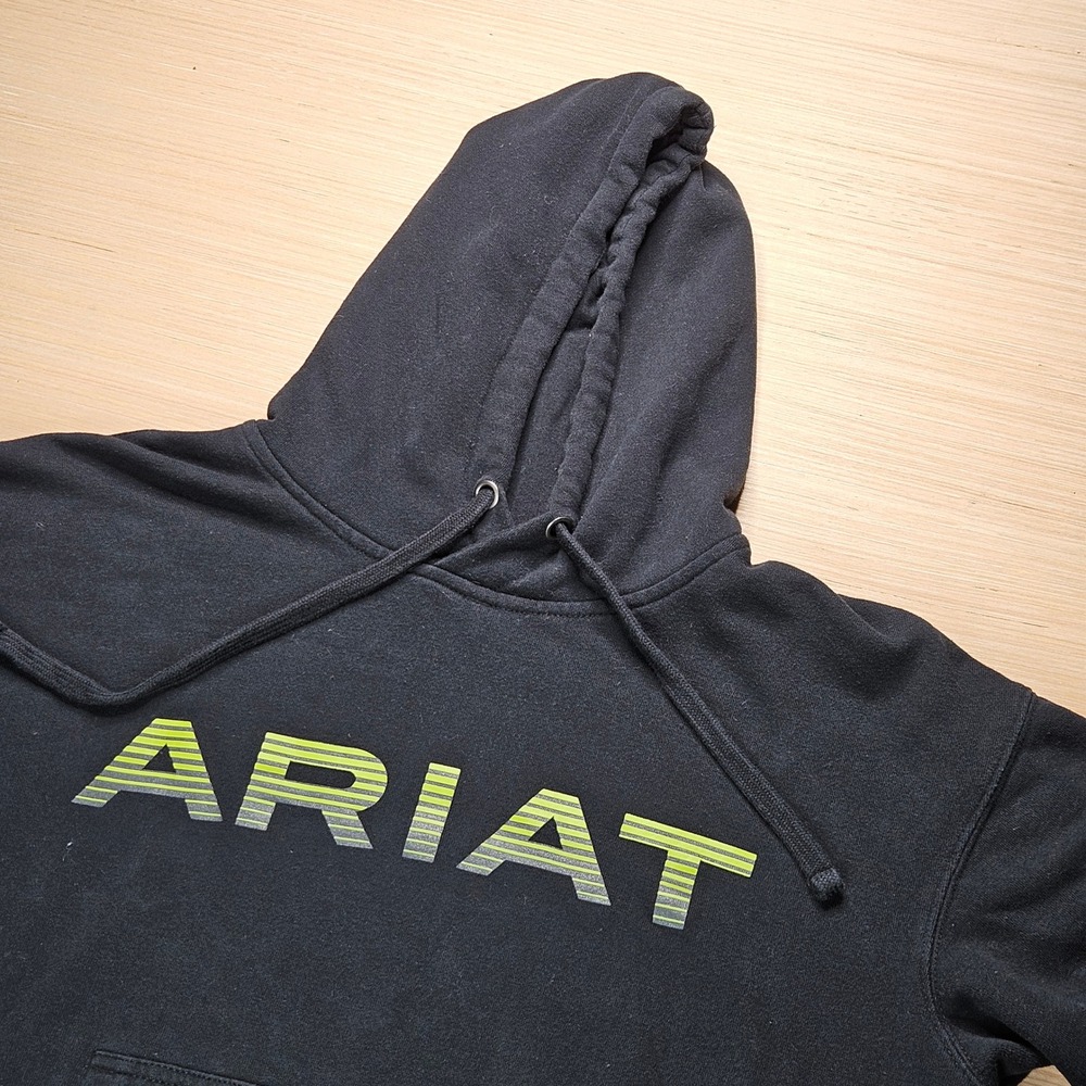 Ariat Black Pullover Hoodie Sweatshirt Men's S Neon Green Logo Spellout Graphic - Picture 1 of 9